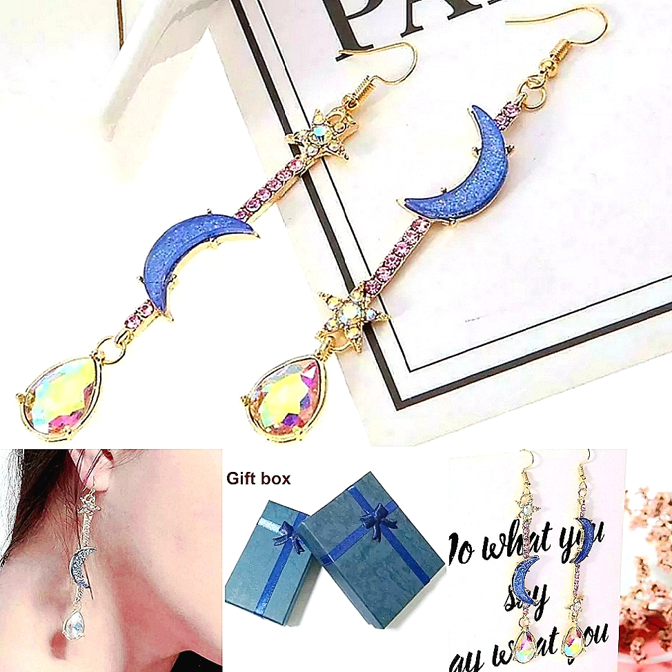 Glittery Blue Pink Iridescent Crystal Moon Star Drop Earrings